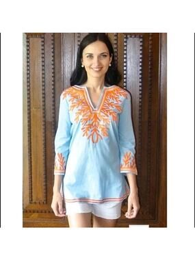 Gretchen Scott The Reef Tunic Blue Orange Coral Embroidery Cotton Women Small